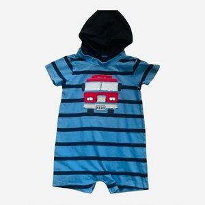 Carter’s casual play Blue Striped Baby Romper 18 Mo with Fire Truck Design snaps